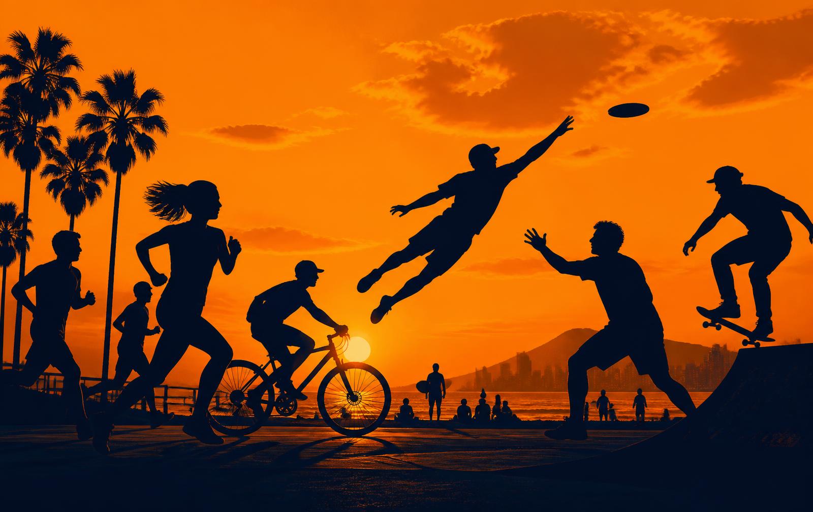 Silhouettes of people running, cycling, playing football and disc golf at sunset